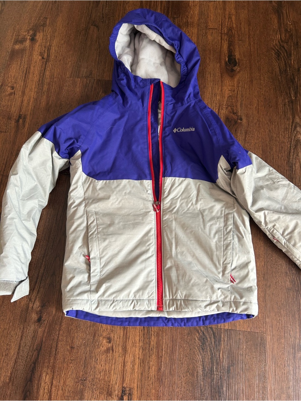 Columbia Purple and Light Gray Hooded Kids Puffer Jacket with Red Zipper